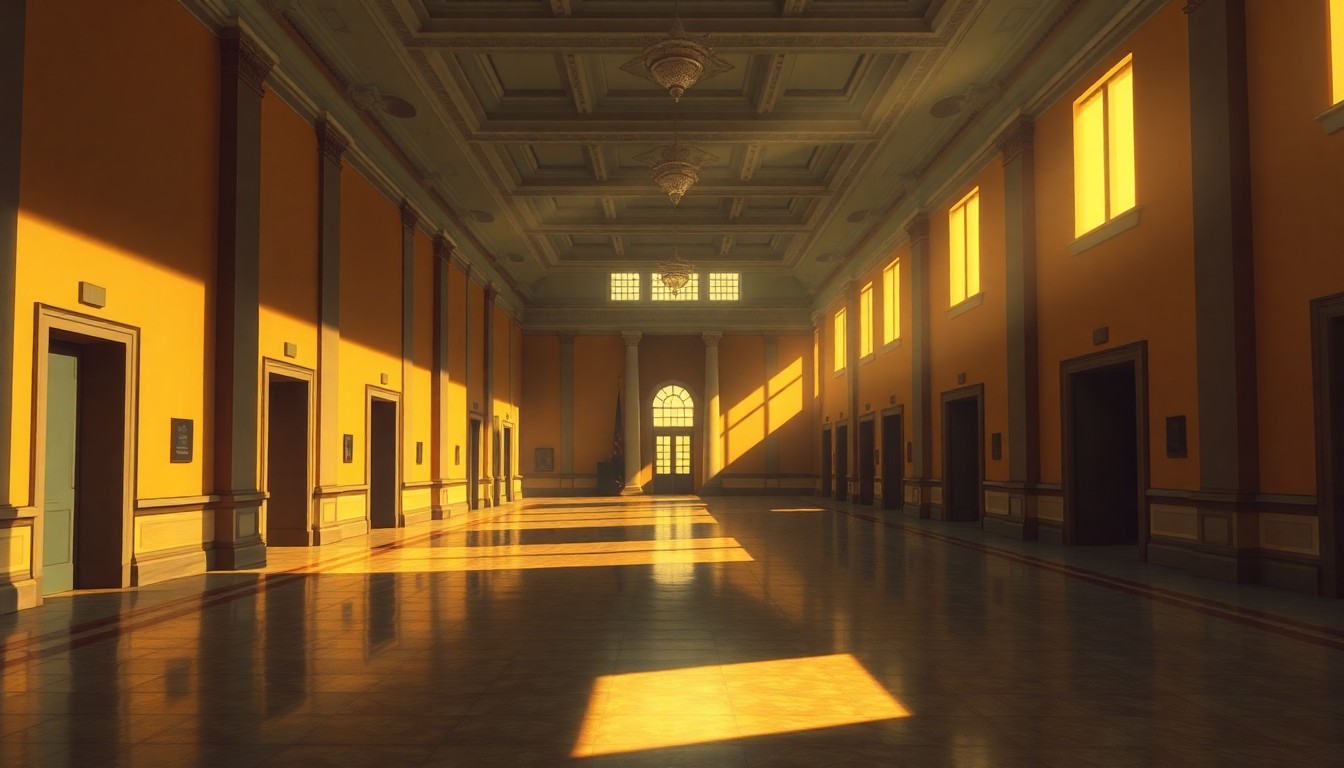 A dimly lit, cinematic painting of the empty hallway of a government building, with warm sunlight streaming in through the windows and deep shadows cast across the floor, conveying a sense of stillness and unease.