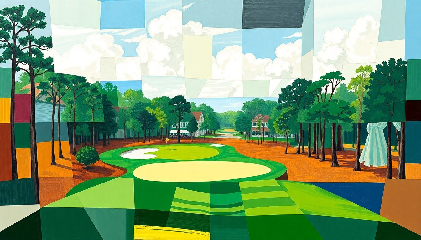 A fractured, multi-perspective painting depicting the iconic Amen Corner stretch at Augusta National Golf Club, with the 11th, 12th, and 13th holes broken down into sharp, overlapping geometric planes in the cubist style of Pablo Picasso, conceptually representing the analytical and interactive nature of the new 'Inside Amen Corner' viewing experience.