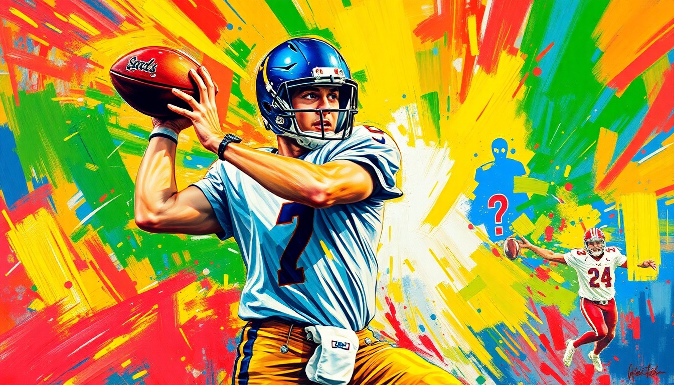 An abstract, energetic painting featuring bold brushstrokes of neon orange, yellow, and blue, capturing the dynamic motion of a quarterback throwing a football.