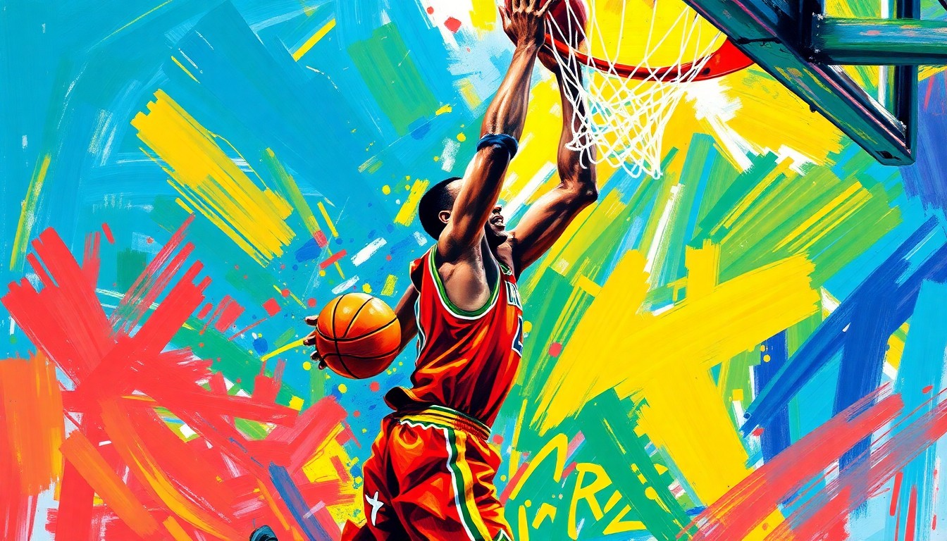 An abstract, expressionistic painting featuring bold, neon-colored brushstrokes that capture the raw athleticism and movement of an NBA player driving to the hoop.