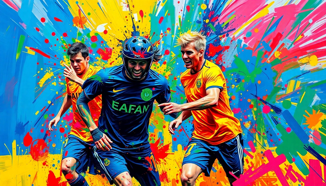 An abstract, energetic painting in neon colors depicting the movement and action of a soccer training session, with players' forms blending into expressive brushstrokes.