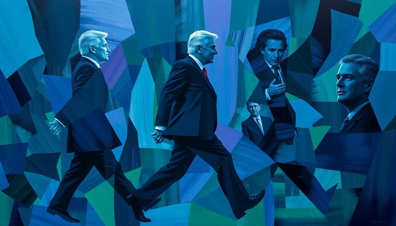 A dynamic, abstract painting featuring the overlapping, fractured silhouette of a politician in motion, rendered in bold, geometric brushstrokes of deep blues, greens, and purples, conveying a sense of political turmoil and uncertainty.