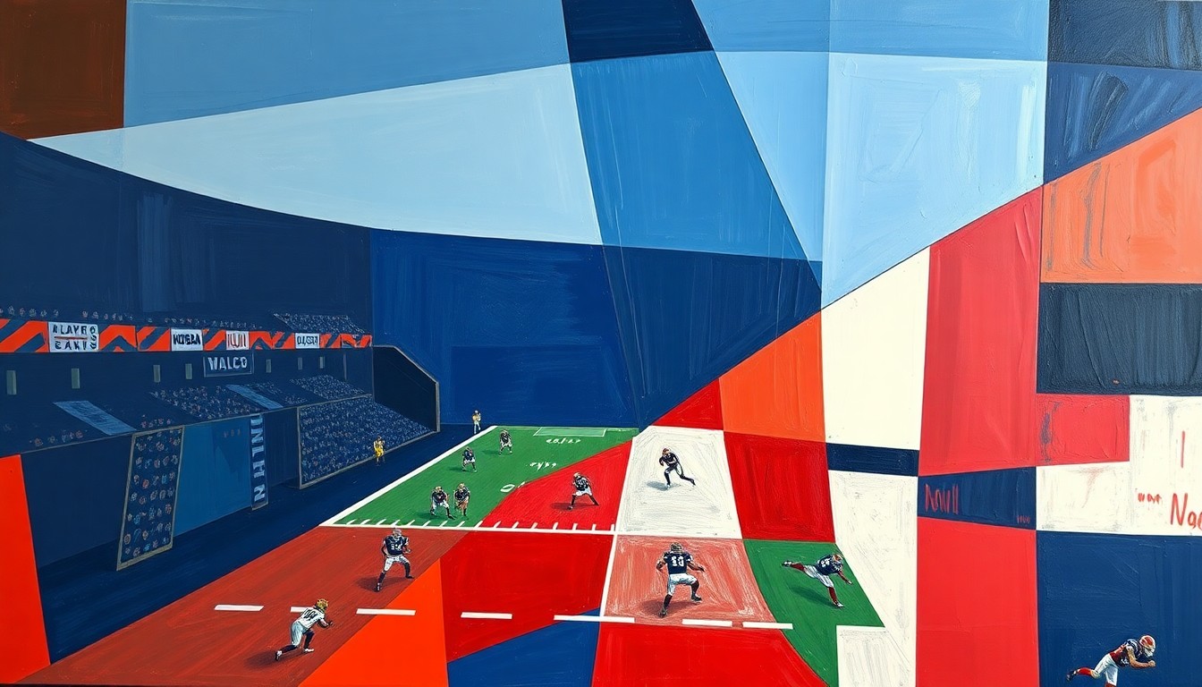 A cubist, geometric painting depicting an American football game, with the players and field broken down into sharp, overlapping planes of color, capturing the sport's intensity and complexity.