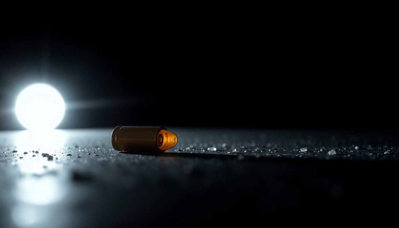 An extreme close-up photograph of a single spent bullet casing on the ground, reflecting the harsh light of the camera flash and conveying a sense of sudden, gritty violence.