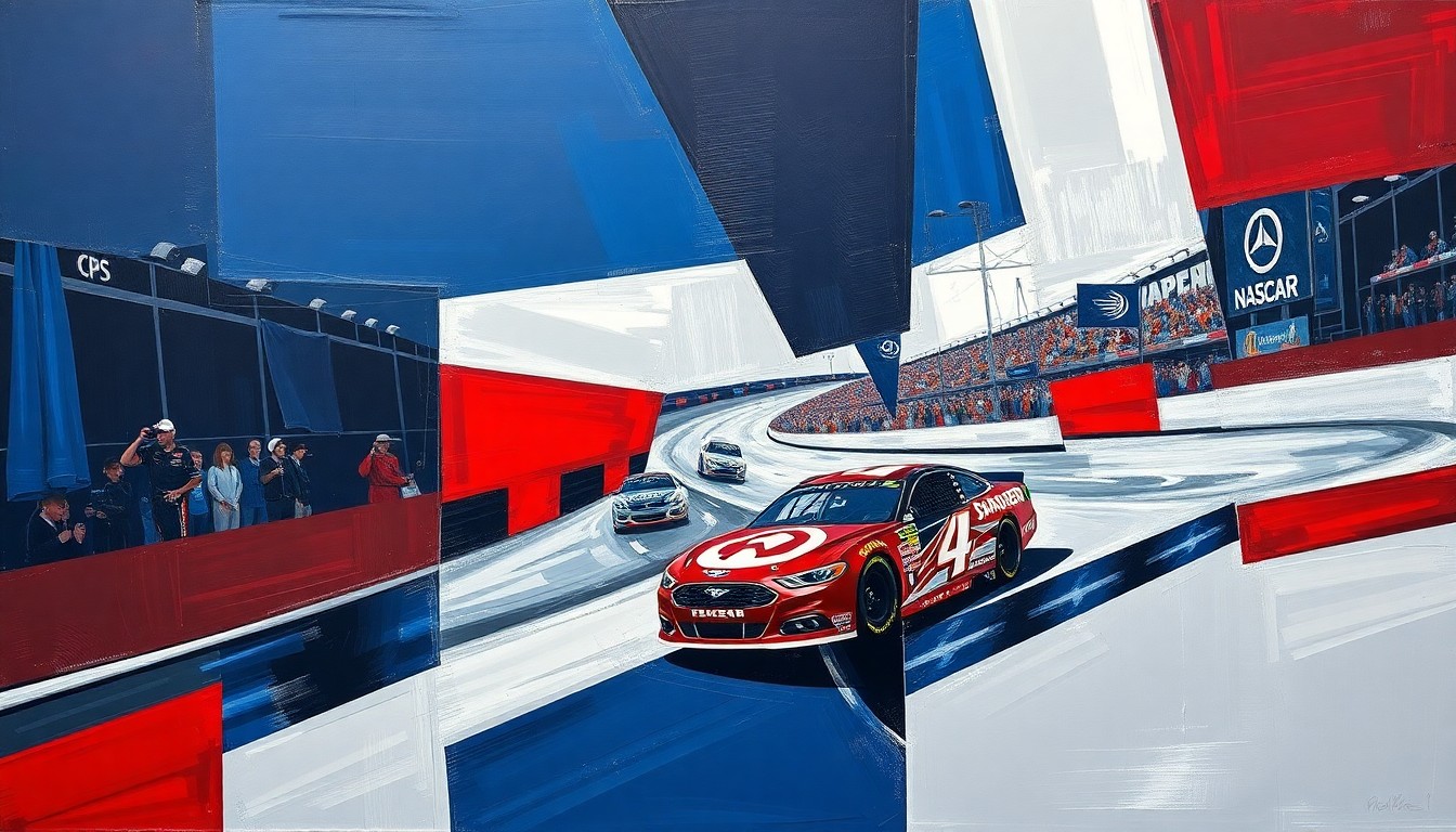 A fragmented, cubist-style painting depicting the chaotic energy of a NASCAR race, with sharp geometric shapes in navy, red, and silver representing the cars, track, and spectators.