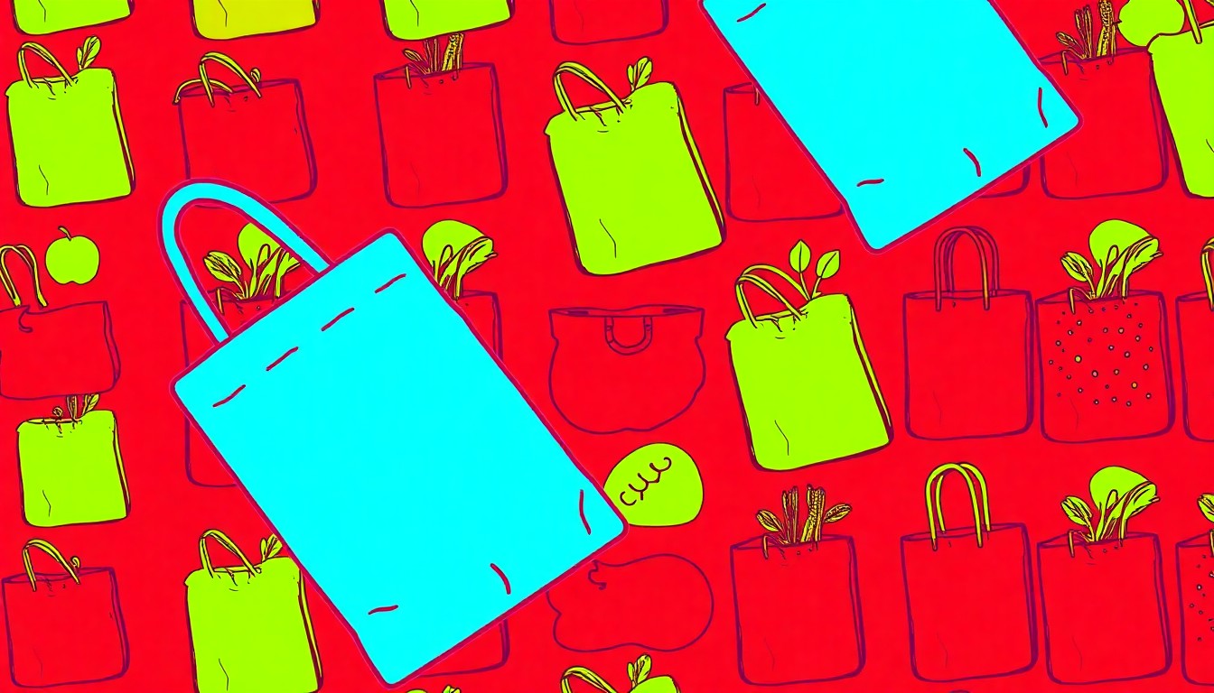 A highly stylized, abstract grid of brightly colored, silkscreened images of a reusable grocery bag, conceptually representing the joyful community celebration of a local natural foods cooperative's milestone anniversary.