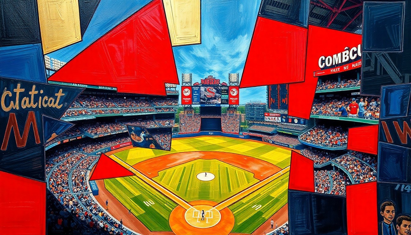 A cubist-style painting featuring sharp, overlapping geometric shapes in red, blue, and gold, conceptually representing the conflicting elements of a baseball game and religious observance.
