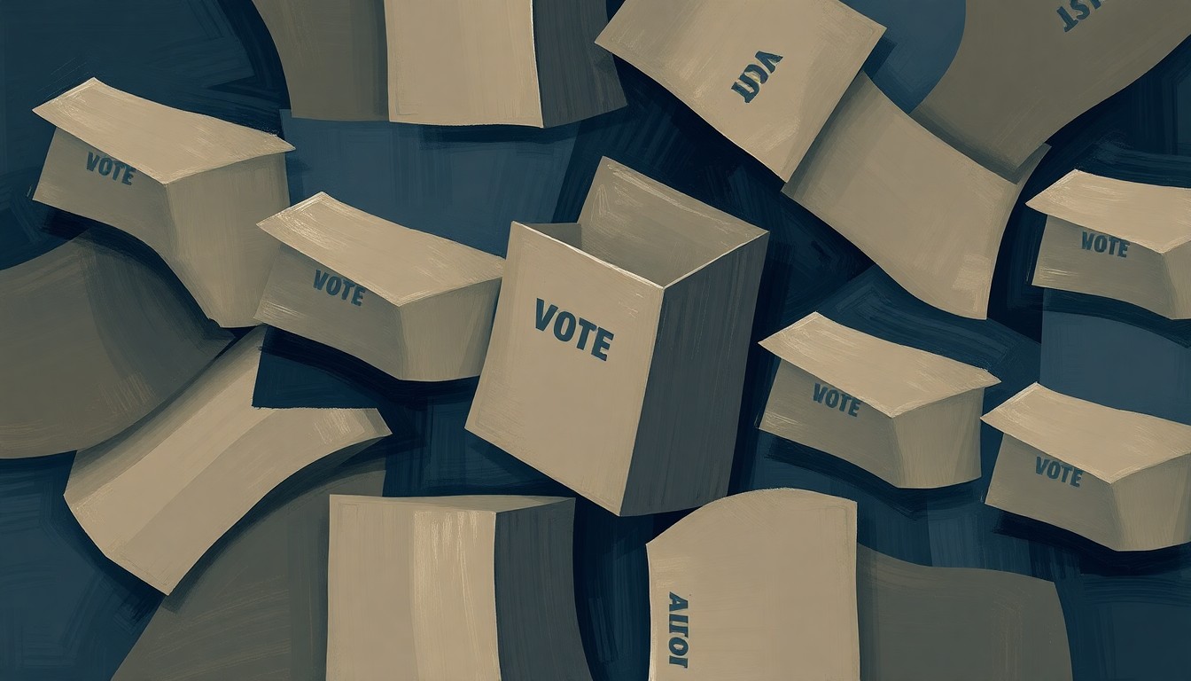 A fragmented, abstract painting of an Arkansas voting machine or ballot box, with overlapping geometric shapes and brushstrokes in muted earth tones and deep blues, conveying a sense of tension and uncertainty surrounding the secretary of state runoff election.