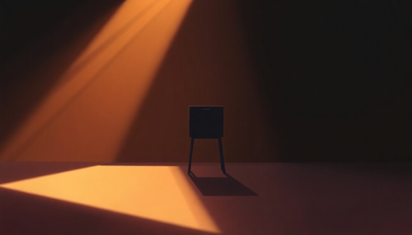 A serene, photorealistic painting of a lone ballot box or voting booth in a dimly lit room, with warm, golden light streaming in through a window and casting deep shadows across the scene, conveying a sense of the importance and solemnity of the democratic process.