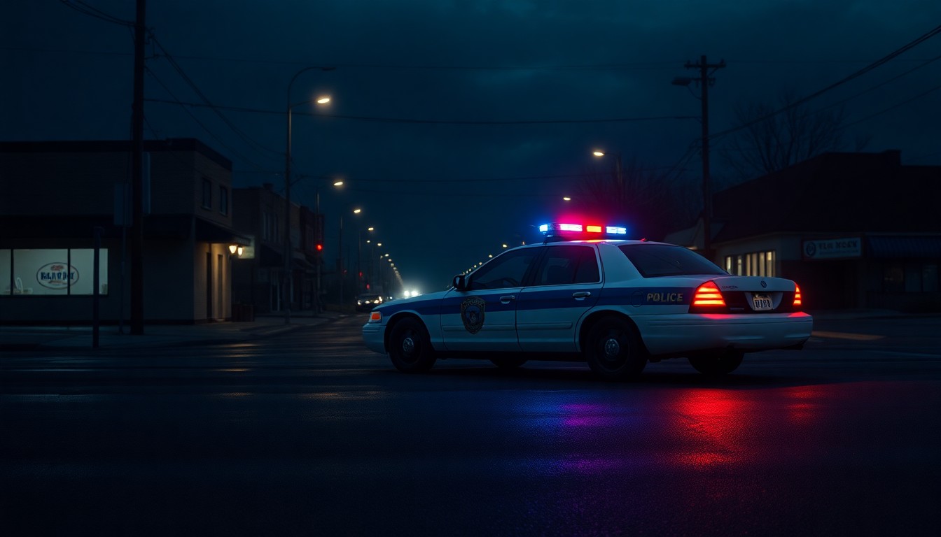 A dimly lit street scene with a lone police car parked on the curb, its flashing lights casting a moody glow on the wet pavement, evoking a sense of quiet contemplation about the role of local law enforcement.