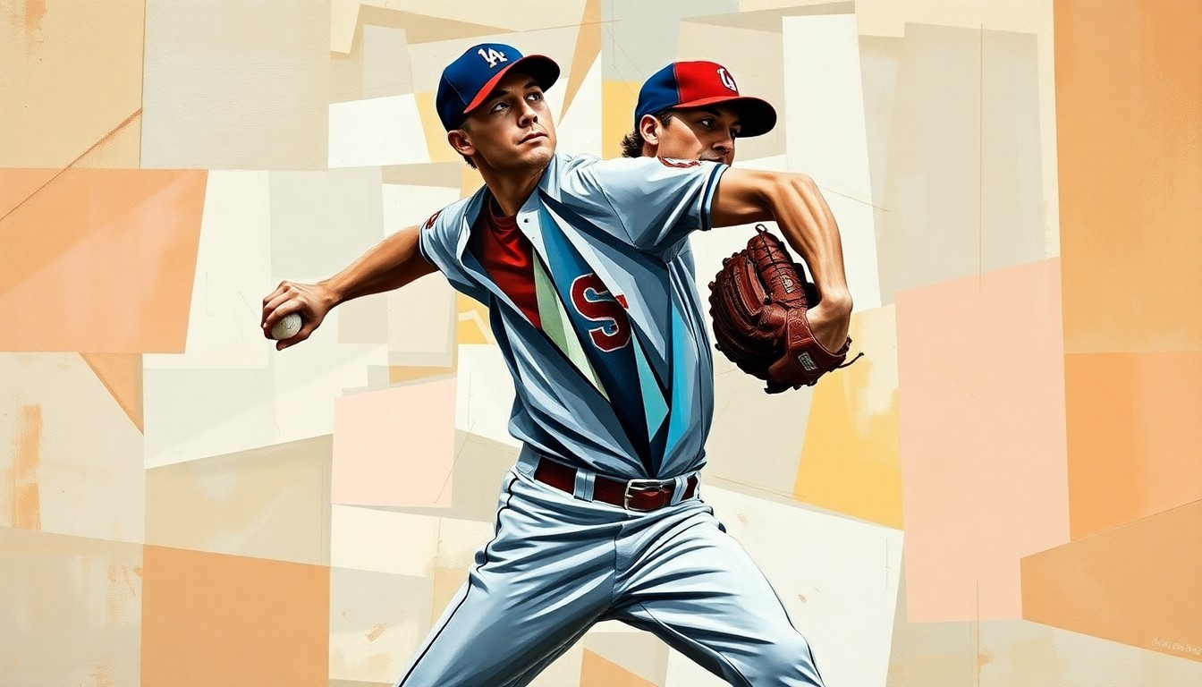 A fragmented, geometric painting depicting the motion of a baseball pitcher, with sharp planes and angles representing the challenges the player faces in his journey back to the big leagues.
