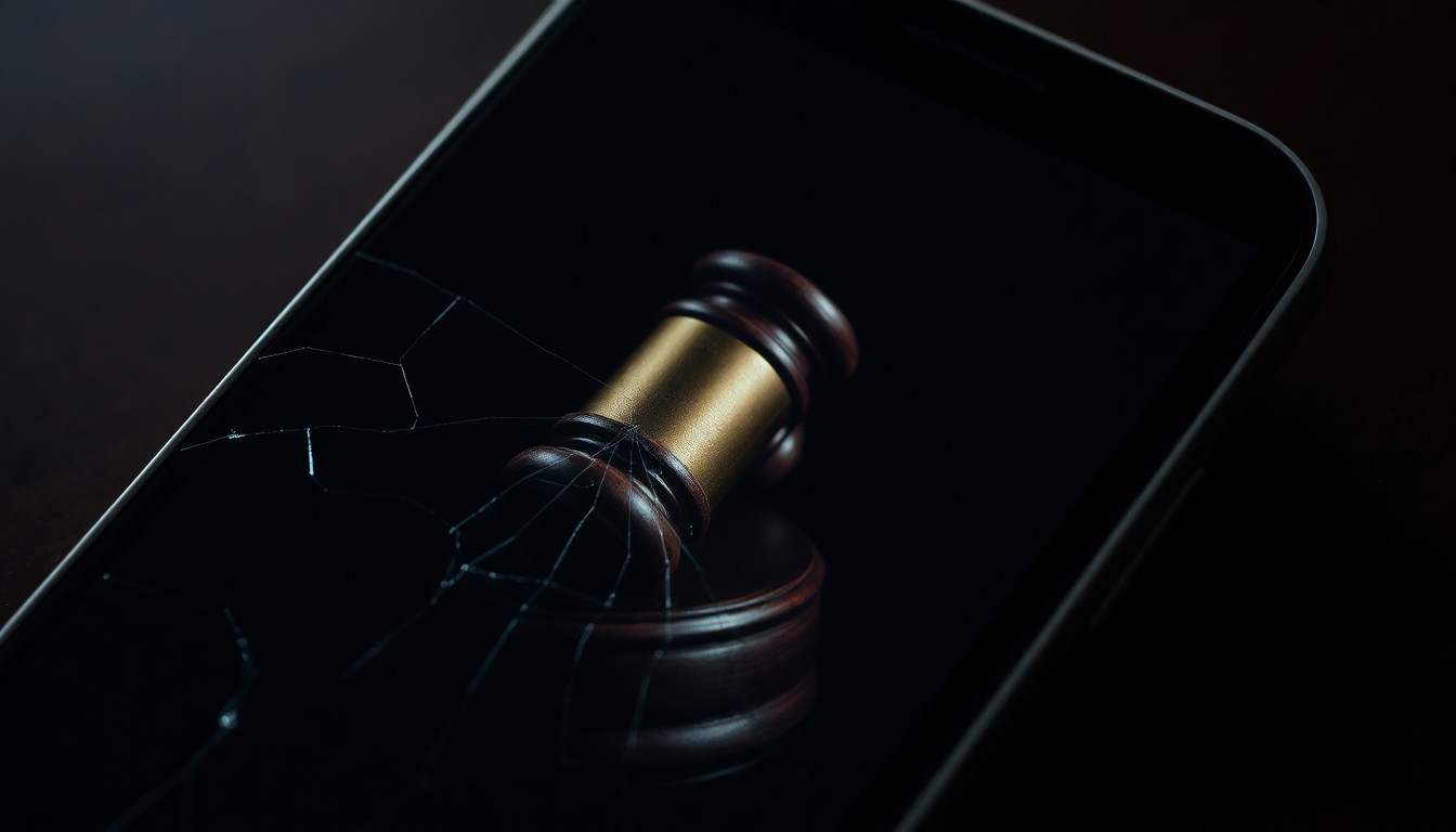 An extreme close-up photograph of a cracked smartphone screen reflecting a dim, distorted image of a gavel, conceptually representing the investigation into telecommunications harassment.