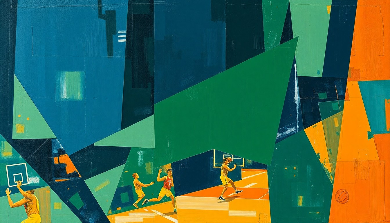 A cubist, geometric painting depicting a basketball game broken down into overlapping planes of navy, green, and orange, capturing the dynamic energy of the sport.