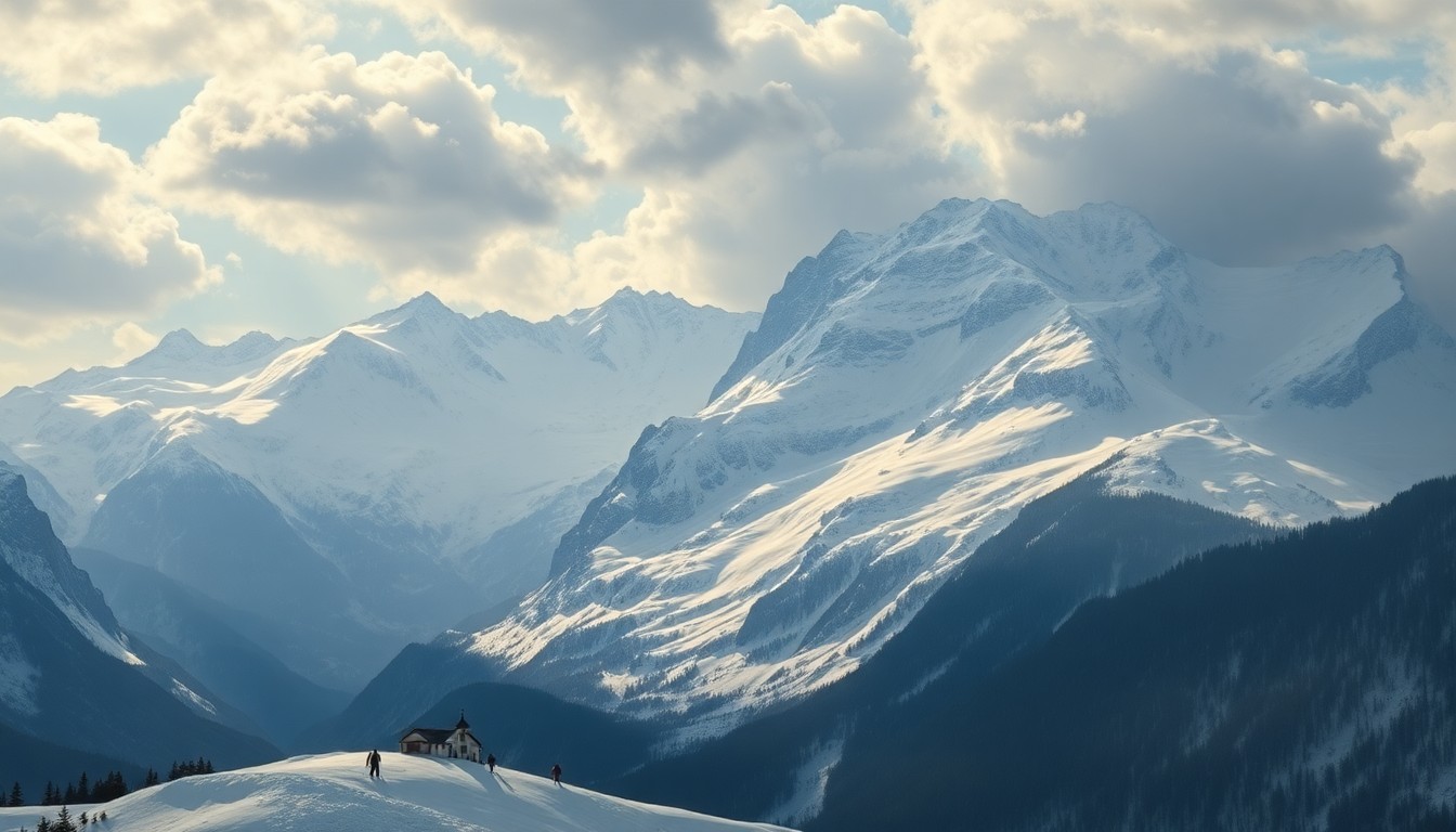 A vast, majestic landscape painting depicting a snow-covered mountain range under a dramatic, cloudy sky. The towering peaks and deep valleys convey the overwhelming scale and power of the natural environment.