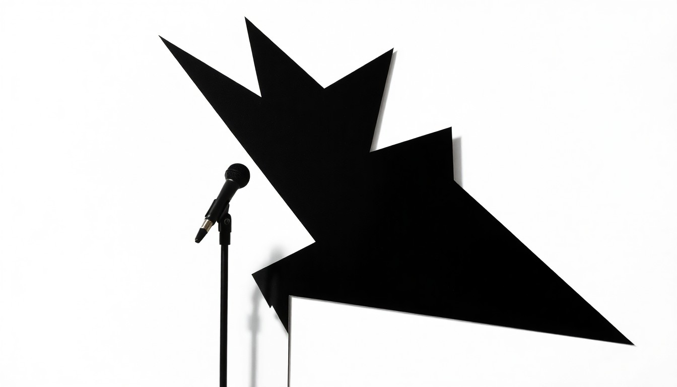 A minimalist, black and white illustration featuring abstract, geometric shapes and silhouettes, conceptually representing the energy and dynamism of a stand-up comedy performance.
