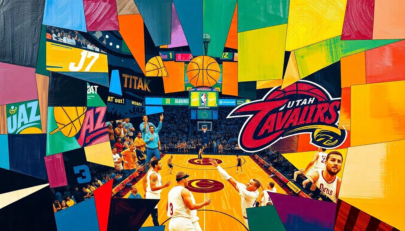 A fractured, geometric painting depicting a basketball game between the Utah Jazz and Cleveland Cavaliers, with sharp, overlapping planes of color representing the action on the court.
