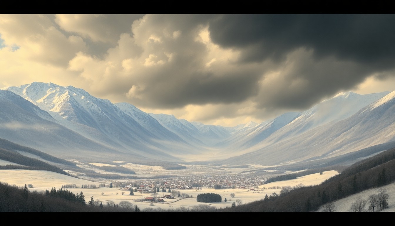 A sweeping, atmospheric landscape painting in muted tones of gray, blue, and white, depicting a small town nestled in a valley surrounded by towering, snow-capped mountains and a foreboding sky, conveying the overwhelming scale and power of the natural environment.