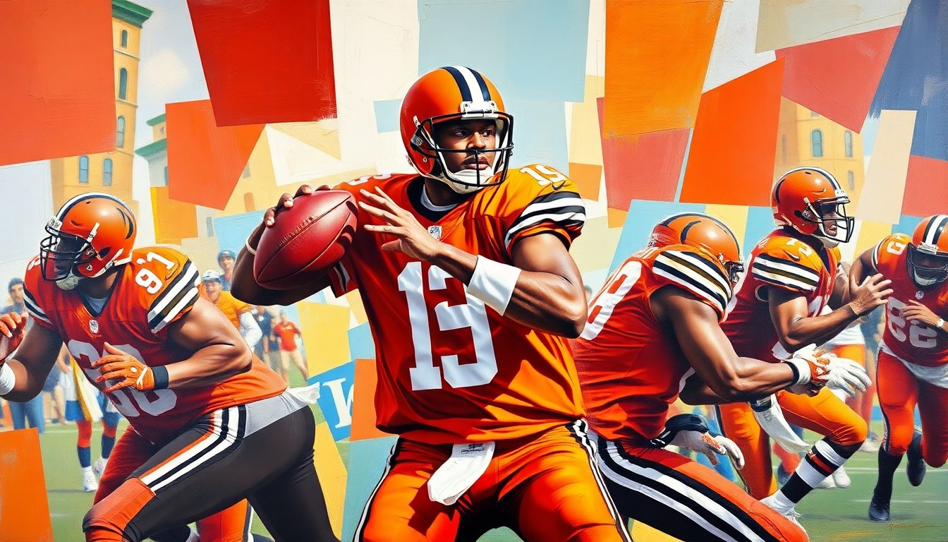 A cubist, geometric painting depicting a Browns quarterback in action, with sharp, overlapping planes of orange and brown colors representing the team's uniform.