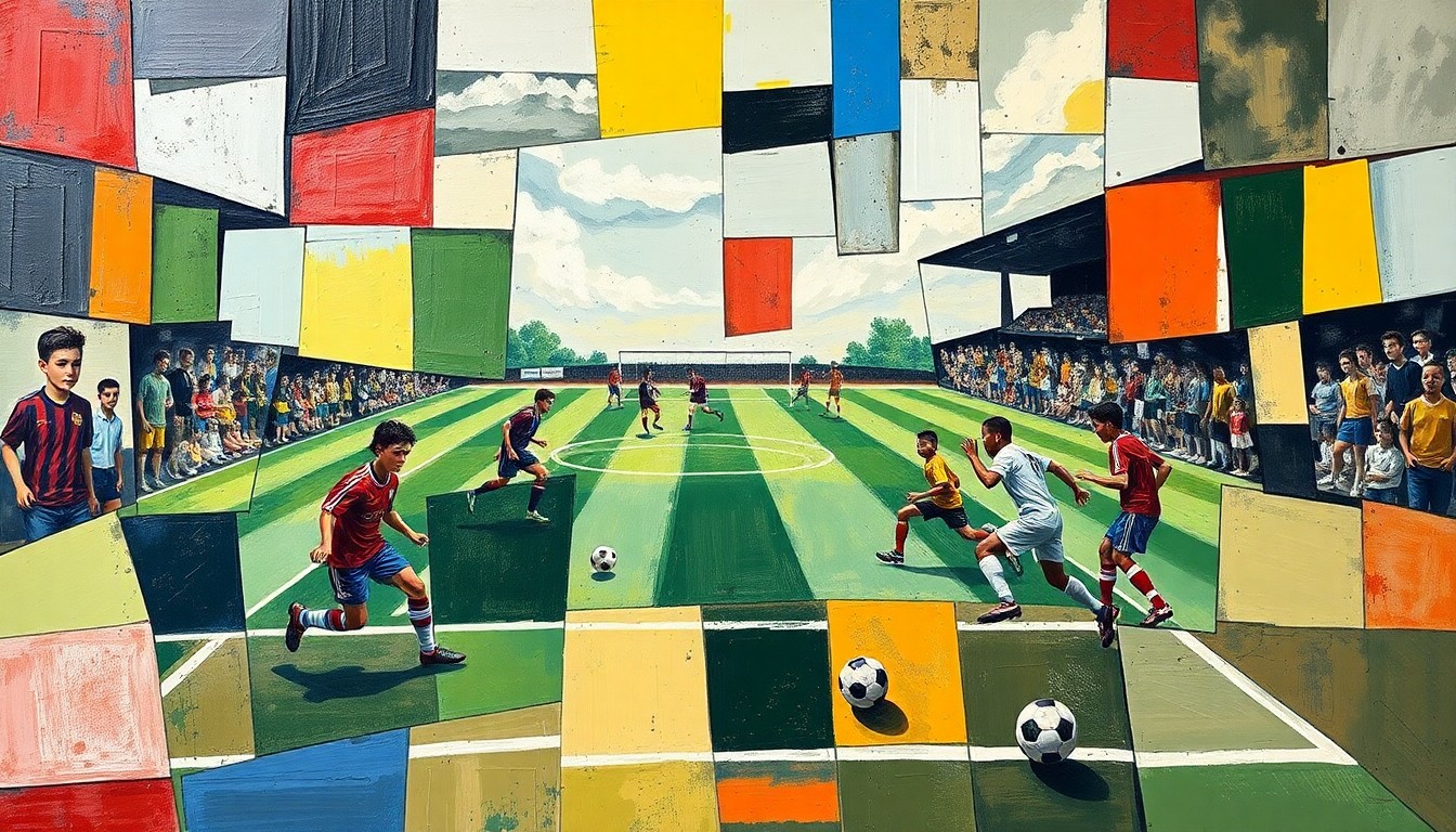 A cubist, fragmented painting depicting the chaotic action of a high school soccer match, with players, balls, and field markings broken down into sharp, overlapping geometric shapes and planes of color.
