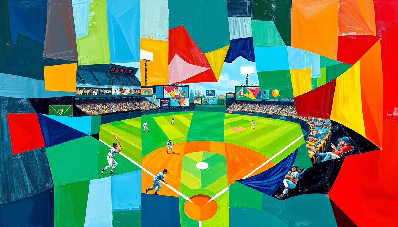 A cubist, geometric painting depicting a baseball game or match, with sharp, overlapping planes of color representing the energy and competition of the sport.