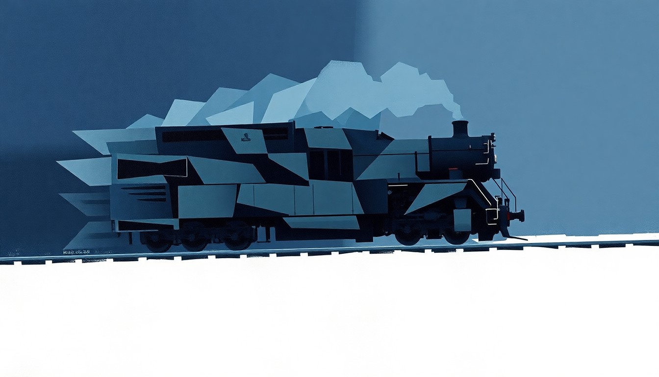 A dynamic, abstract painting featuring overlapping, geometric shapes in shades of blue and grey that suggest the rapid movement of a locomotive, conveying a sense of urgency around the need for improved rail safety measures.