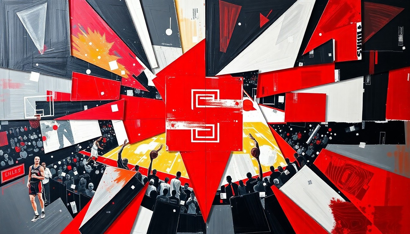 A cubist, geometric painting in shades of red, white, and black, depicting the fragmented movements and energy of a basketball game or match, representing the excitement and potential of NC State's new head coaching hire.