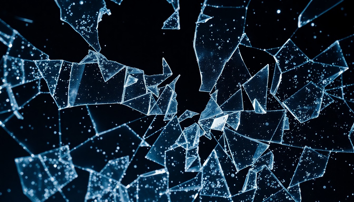 An abstract close-up photograph of a shattered, glittering glass surface in high-contrast studio lighting, conveying a sense of emotional fragmentation and turmoil.