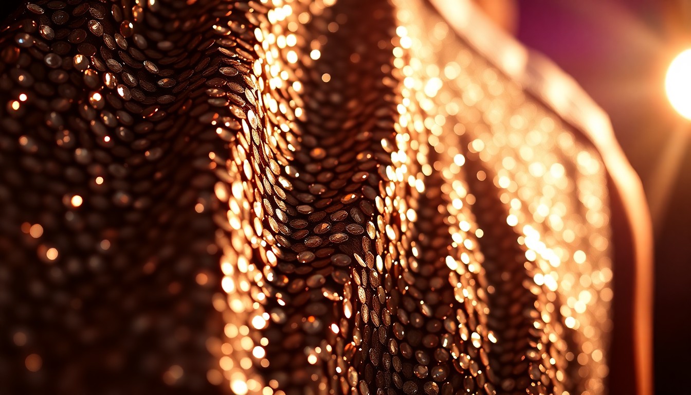 An extreme close-up photograph of sparkling sequins and rhinestones under dramatic studio lighting, conceptually representing the high-fashion aesthetic of a country music celebrity's personal style.