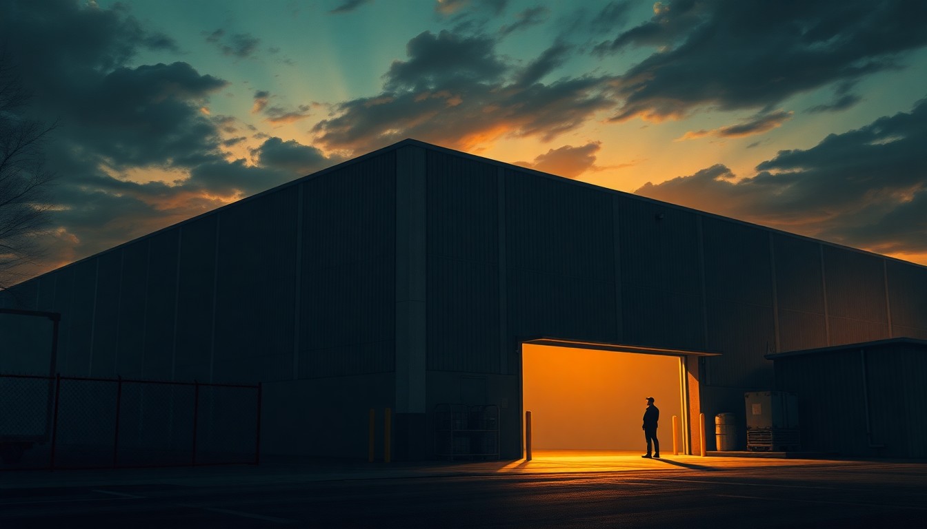 A cinematic painting of the exterior of a large, commercial warehouse at dusk, with a lone security guard standing watch by the entrance. The building is bathed in warm, diagonal sunlight and deep shadows, evoking a sense of quiet unease.