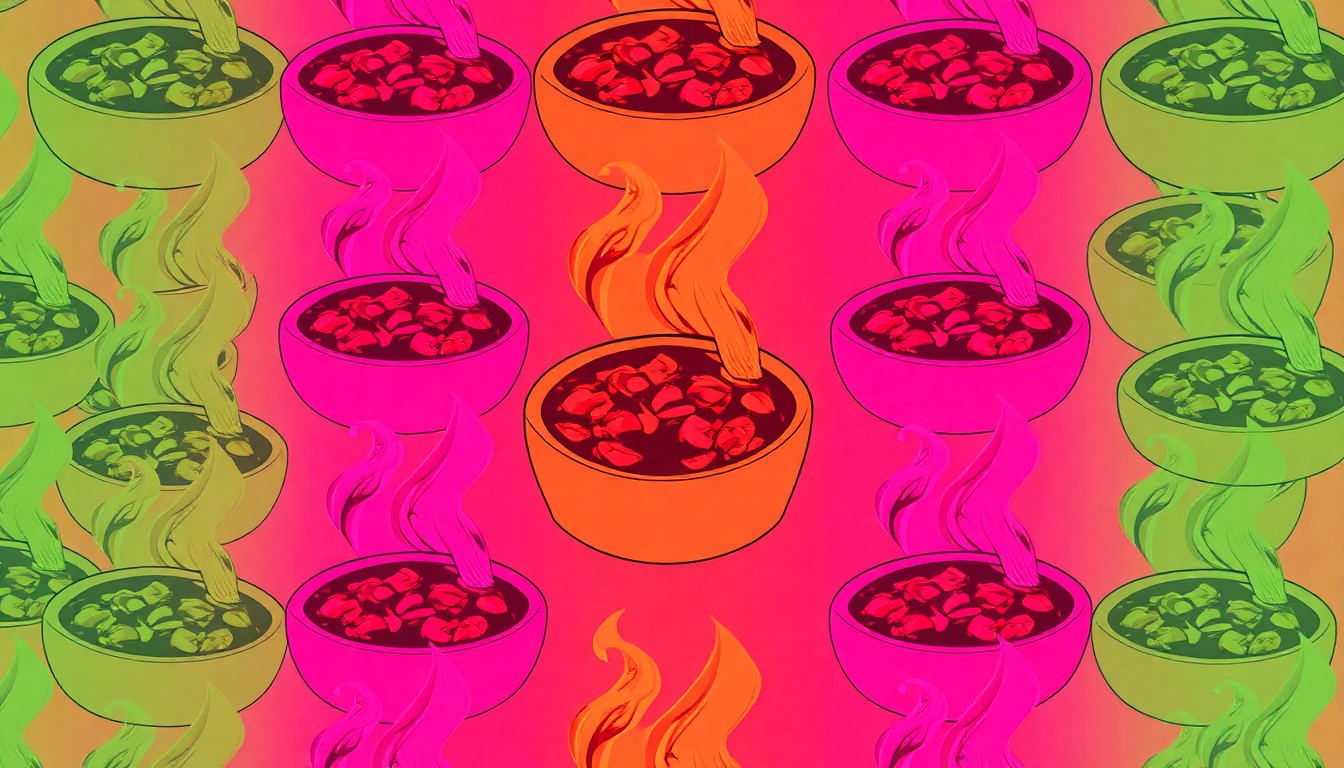 A bold, colorful silkscreen-style illustration featuring a repeating pattern of a steaming hot bowl of chili, conceptually representing the spirited culinary competition and community celebration of the Great Falls Chili Cook-Off.