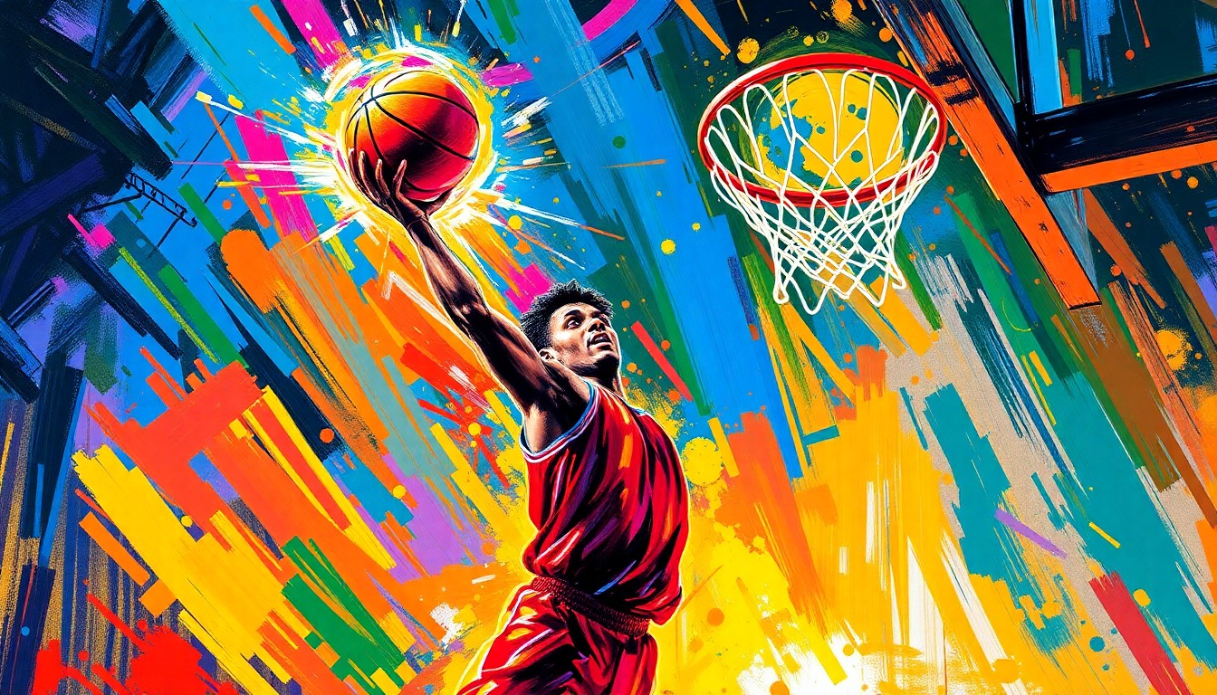 A vibrant, expressionistic painting depicting the dynamic motion of a basketball player mid-shot, the ball leaving a trail of neon light as it arcs towards the hoop, capturing the raw excitement and energy of the moment.