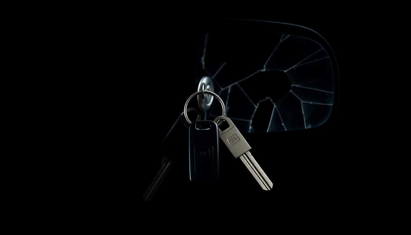 An extreme close-up of a set of car keys and a cracked rearview mirror, captured in stark contrast against a pitch-black background, conceptually representing the aftermath of a high-speed pursuit.