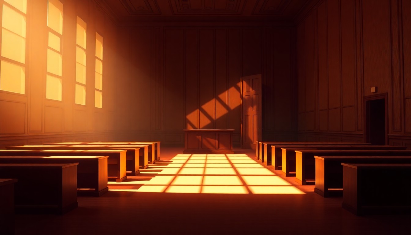 A dimly lit, empty courtroom with wooden benches and a judge's bench in the center, the space bathed in warm, golden light streaming through high windows, creating a sense of quiet contemplation and the gravity of judicial responsibility.