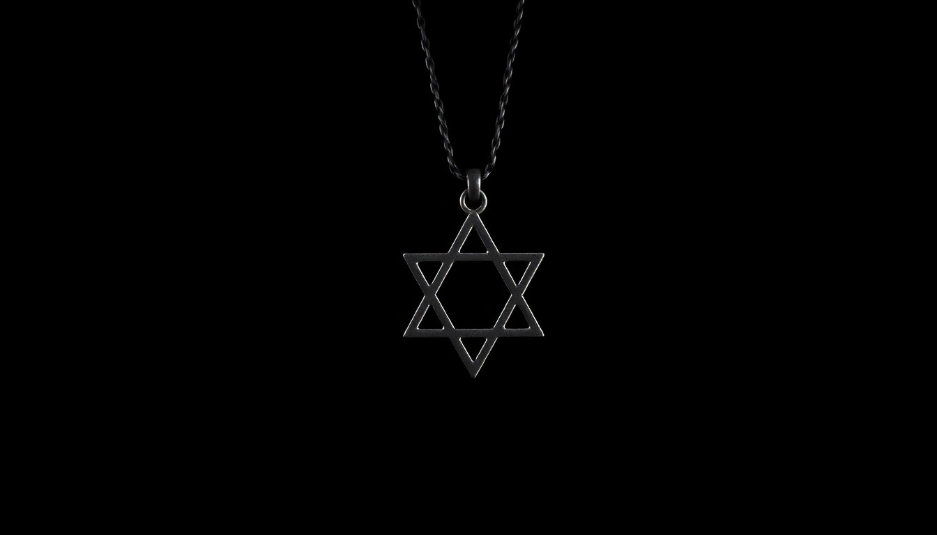 An extreme close-up photograph of a Star of David necklace against a pitch-black background, the dramatic lighting and stark contrast creating a gritty, investigative aesthetic that conceptually represents the antisemitic attack at the center of this story.