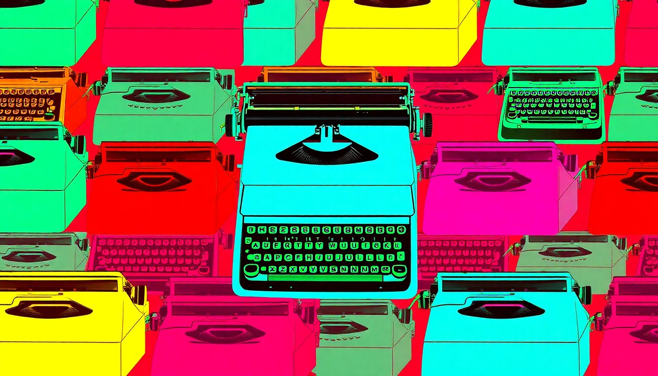 A brightly colored, high-contrast silkscreen print of a vintage typewriter repeated in a tight grid pattern, using flat, vibrant neon colors and heavy black outlines to transform the everyday office object into a modern pop art piece.