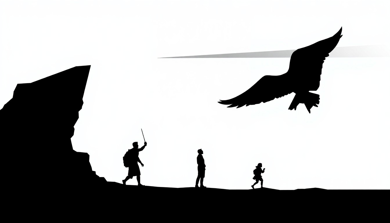 A bold, abstract composition of jagged, geometric black silhouettes against a minimalist background, conceptually representing the themes of the Icarus myth without using any text or literal imagery.