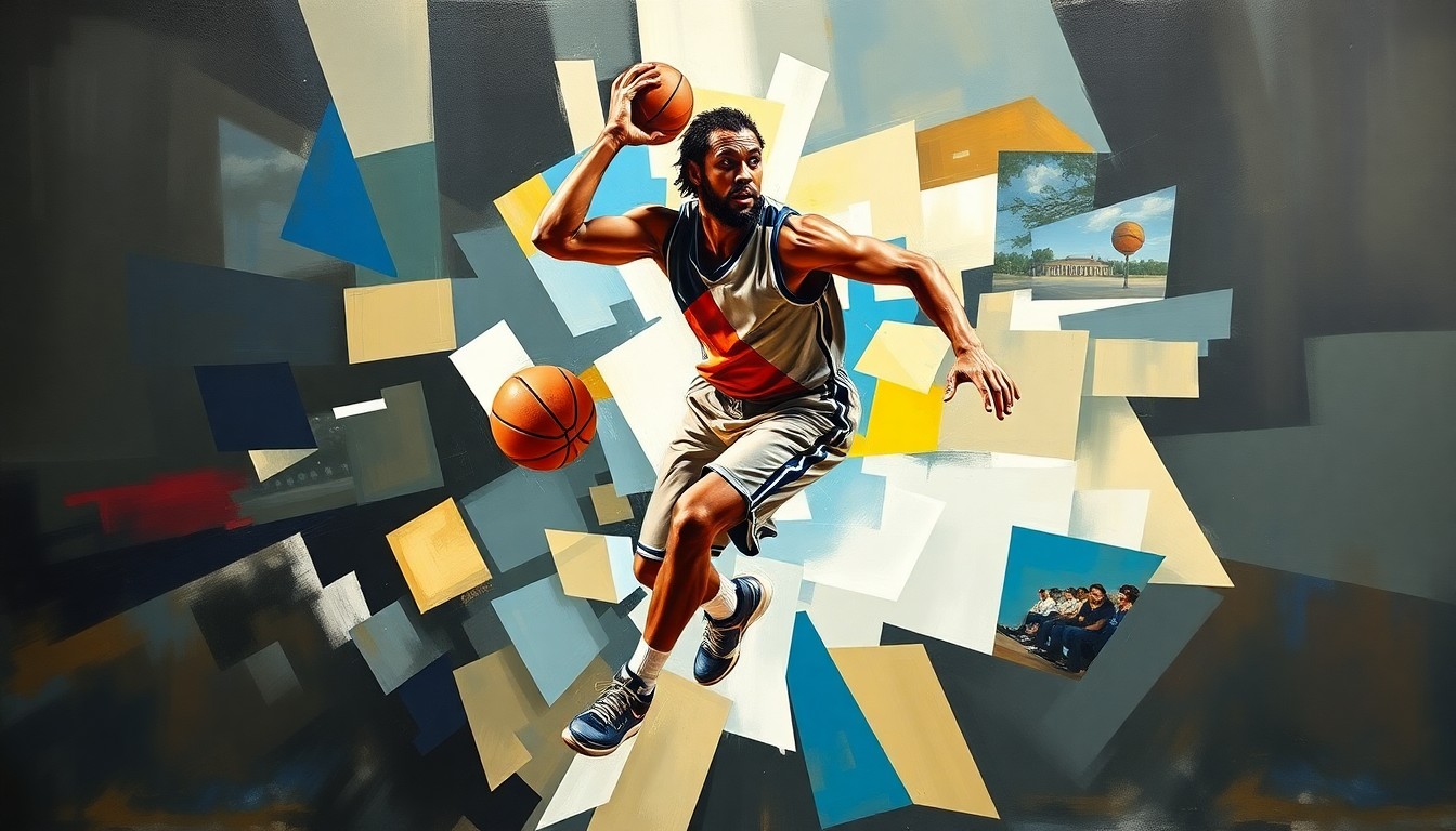A cubist, geometric painting depicting a basketball player in mid-motion, their face obscured by the fragmented, overlapping planes that capture the dynamic energy of the sport.