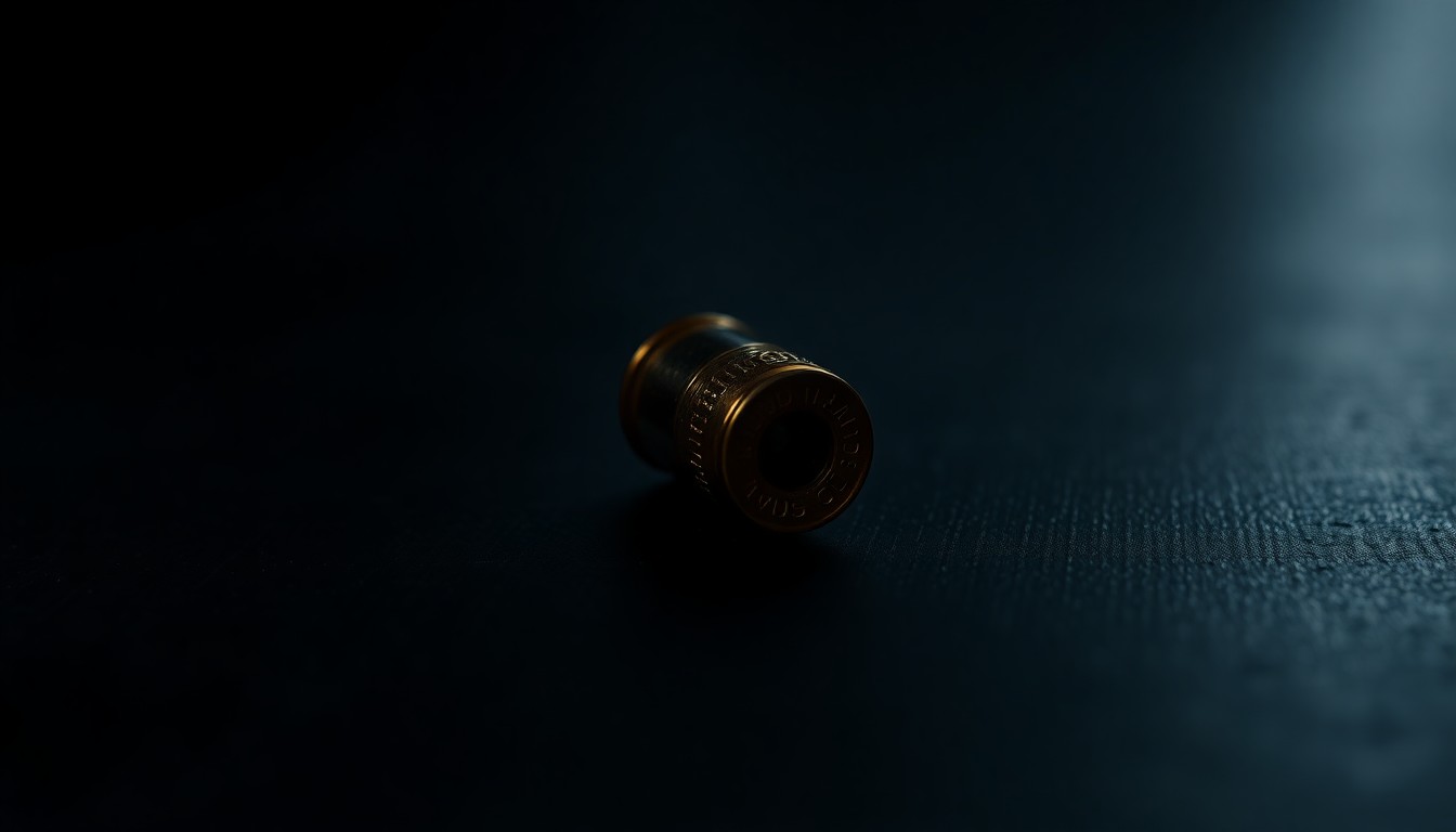 An extreme close-up photograph of a single spent bullet casing on a dark surface, lit by a harsh, direct camera flash, conceptually illustrating the physical evidence at the heart of this criminal case.