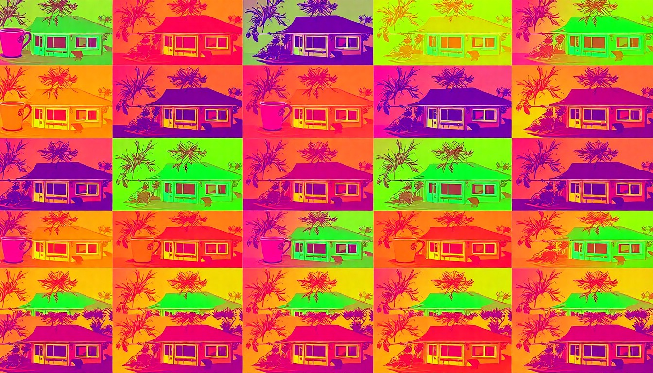 A brightly colored, high-contrast silkscreen print of a single, iconic suburban object such as a park bench or home repeated in a tight grid pattern, conceptually representing the vibrant and family-friendly character of Overland Park, Kansas.