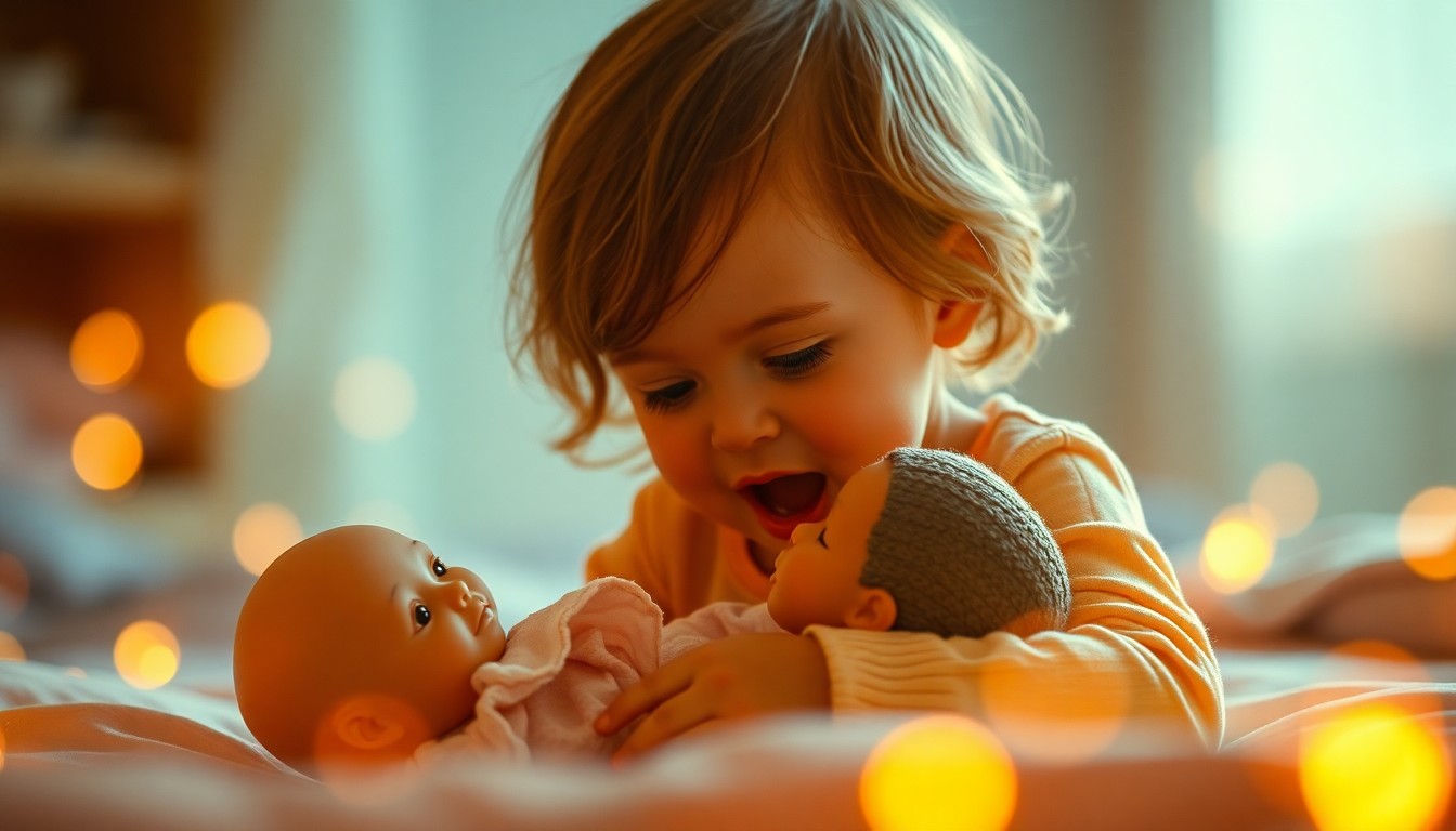 An abstract, impressionistic scene of a child's hands gently holding a baby doll, with the background blurred into soft, colorful shapes, conveying the tender emotions of welcoming a new sibling.