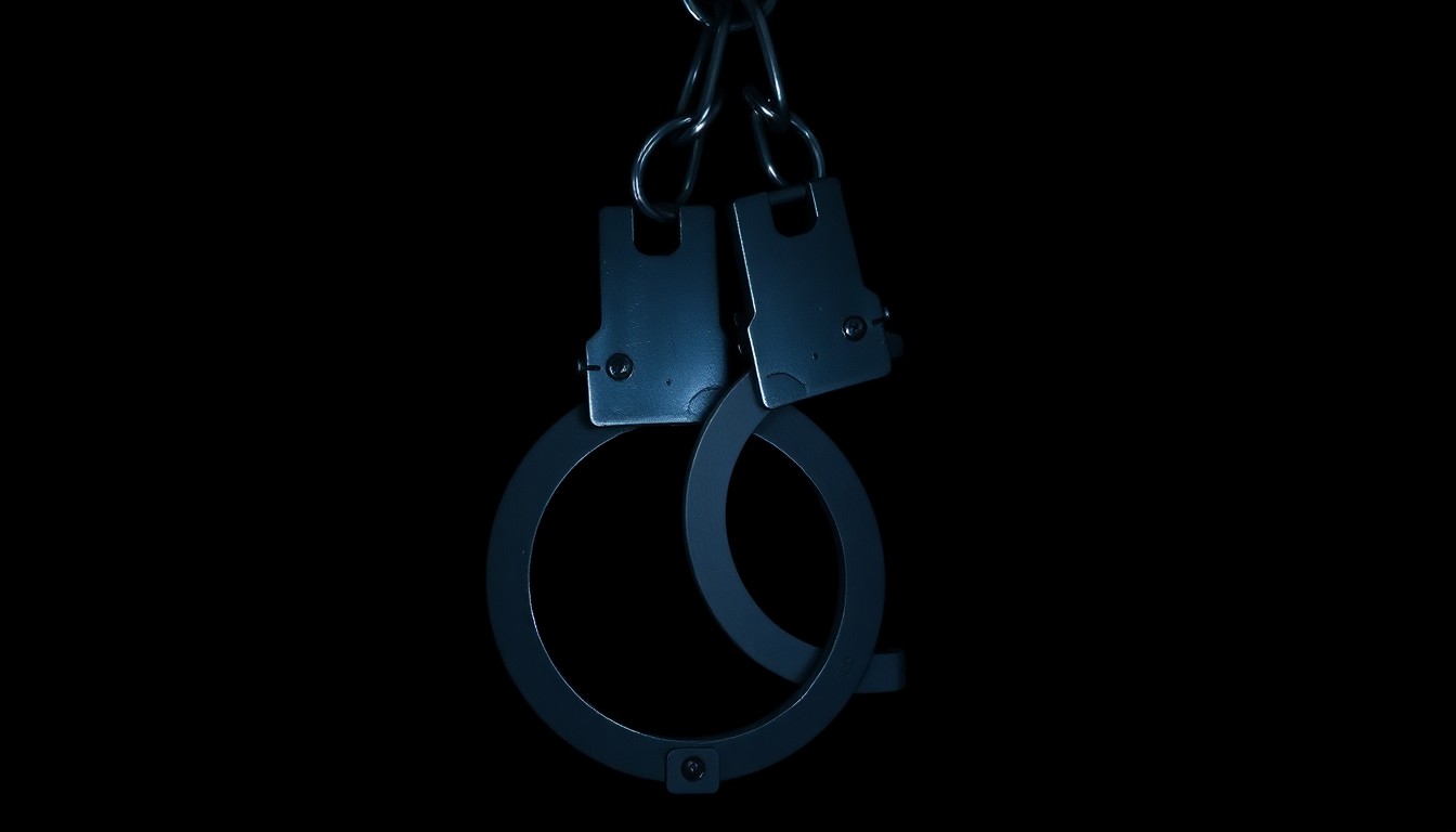 An extreme close-up of a pair of metal handcuffs against a stark black background, the harsh lighting creating dramatic shadows and textures to convey the serious, investigative nature of this crime.