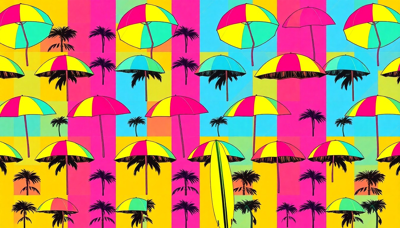 A high-contrast silkscreen print in neon colors of a stylized palm tree, repeated in a grid pattern to create a modern pop art interpretation of a classic Florida scene.