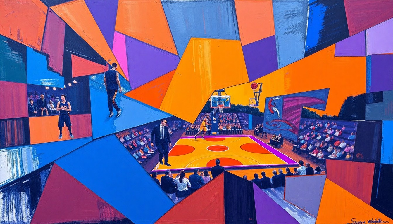 A cubist, geometric painting depicting a basketball game or match, with sharp, overlapping planes of color representing the dynamic action on the court.