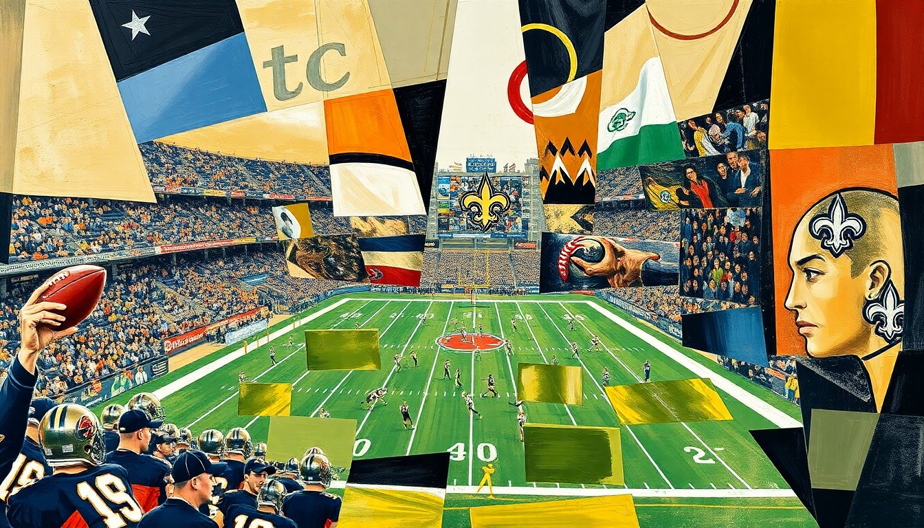A fragmented, cubist-style painting depicting a football game in motion, with players and the field broken down into sharp, overlapping geometric shapes and planes in a variety of colors, capturing the dynamic energy and strategic complexity of the game.
