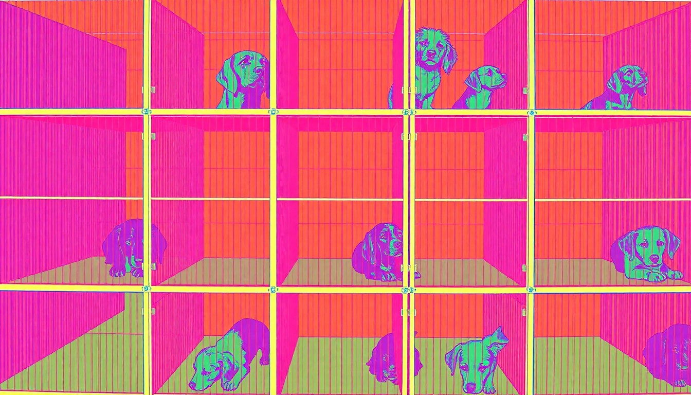A bold, colorful silkscreen illustration featuring a repeated pattern of a modern dog kennel in bright neon shades, conceptually representing the planned upgrades to the Lompoc Animal Shelter's facilities.