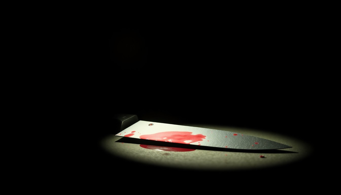 An extreme close-up photograph of a single piece of crime scene evidence, such as a knife or bloodstained object, lit by a harsh, direct camera flash against a pitch-black background, conceptually illustrating the investigation of a decades-old cold case homicide.