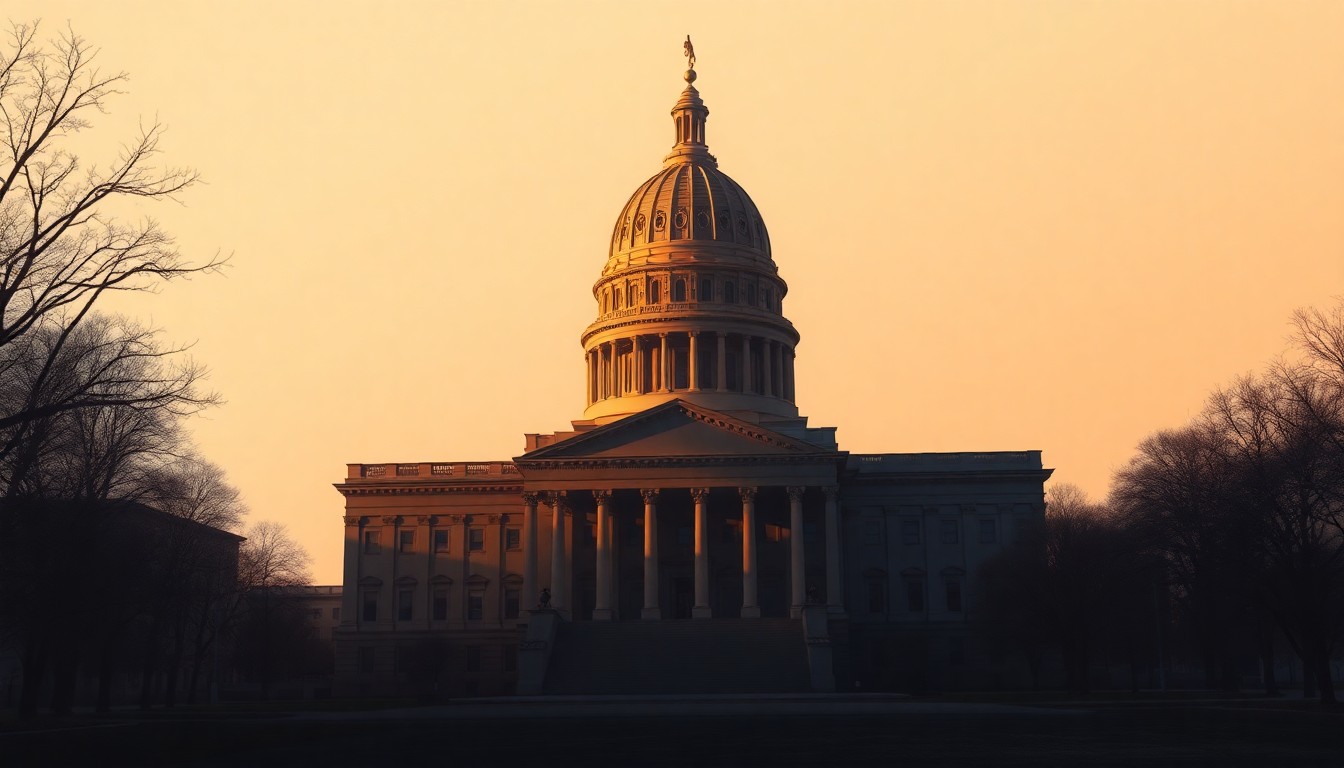 A serene, cinematic painting of the New York State Capitol building, its grand architecture bathed in warm, diagonal sunlight and deep shadows, conveying a sense of political tension and negotiation.