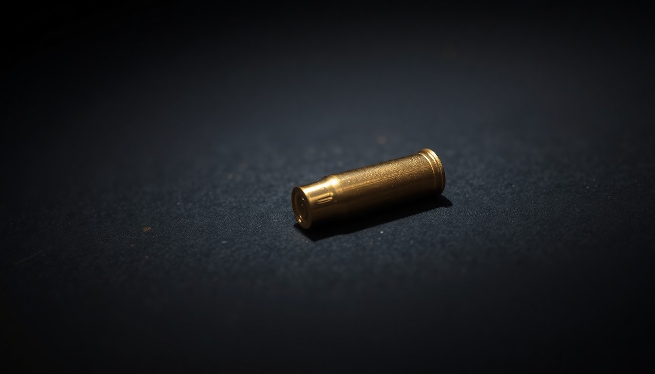 An extreme close-up photograph of a single spent bullet casing on a dark, textured surface, lit by a harsh, direct camera flash, conceptually illustrating the aftermath of a shooting incident.