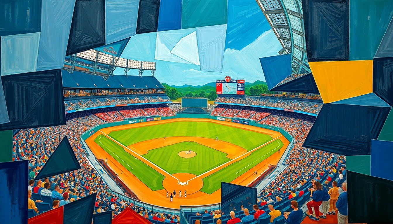 A fragmented, geometric painting with overlapping planes of navy, green, and orange, conceptually representing the dynamic competition and clashing perspectives of a college baseball game.