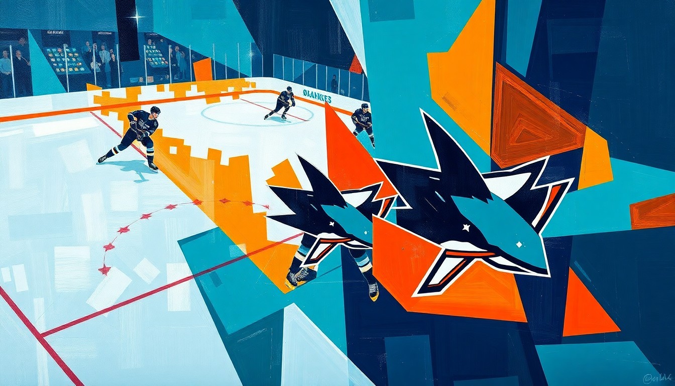 A cubist, geometric painting depicting a fragmented hockey game, with sharp planes of teal, orange, and navy blue representing the San Jose Sharks' young core and their journey towards long-term success.